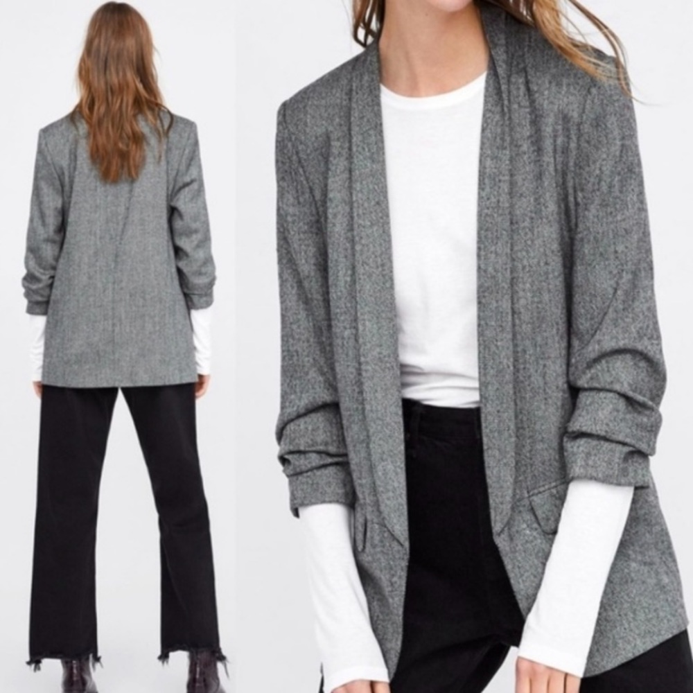 Zara Herringbone Ruched Sleeve Open Front Blazer - XS